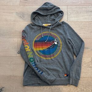 Aviator Nation Aspen Gray Hooded Sweater with Colorful Graphic. Size large.